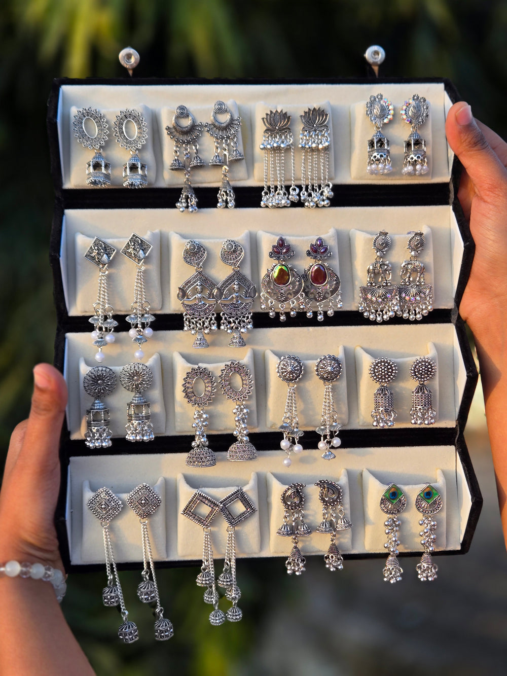 Viral 16 Pair Oxidised Jhumka Earrings Set with Premium Velvet Box