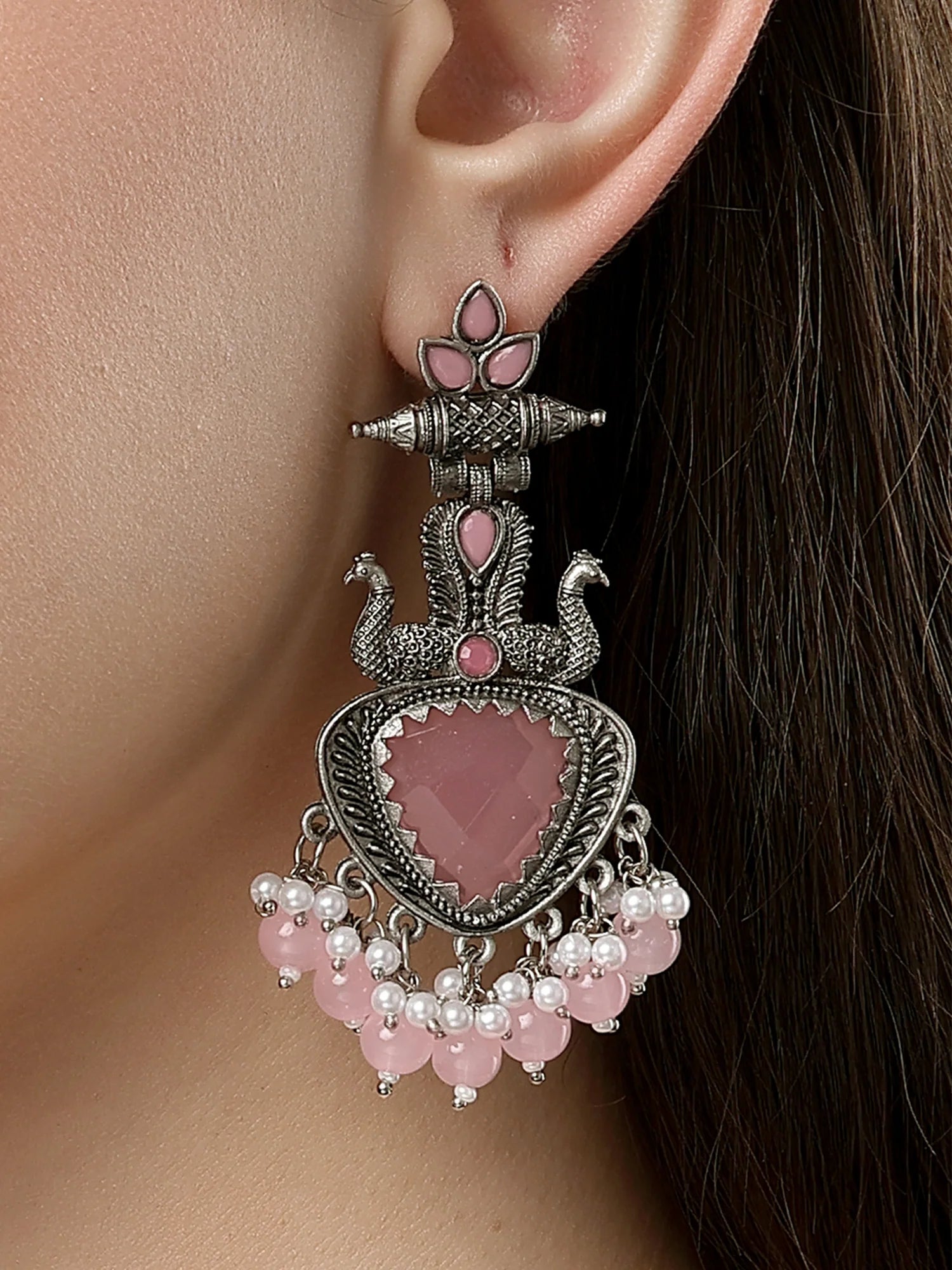 Elegant Oxidized Silver Earrings with Pink Stone & Pearl Beads
